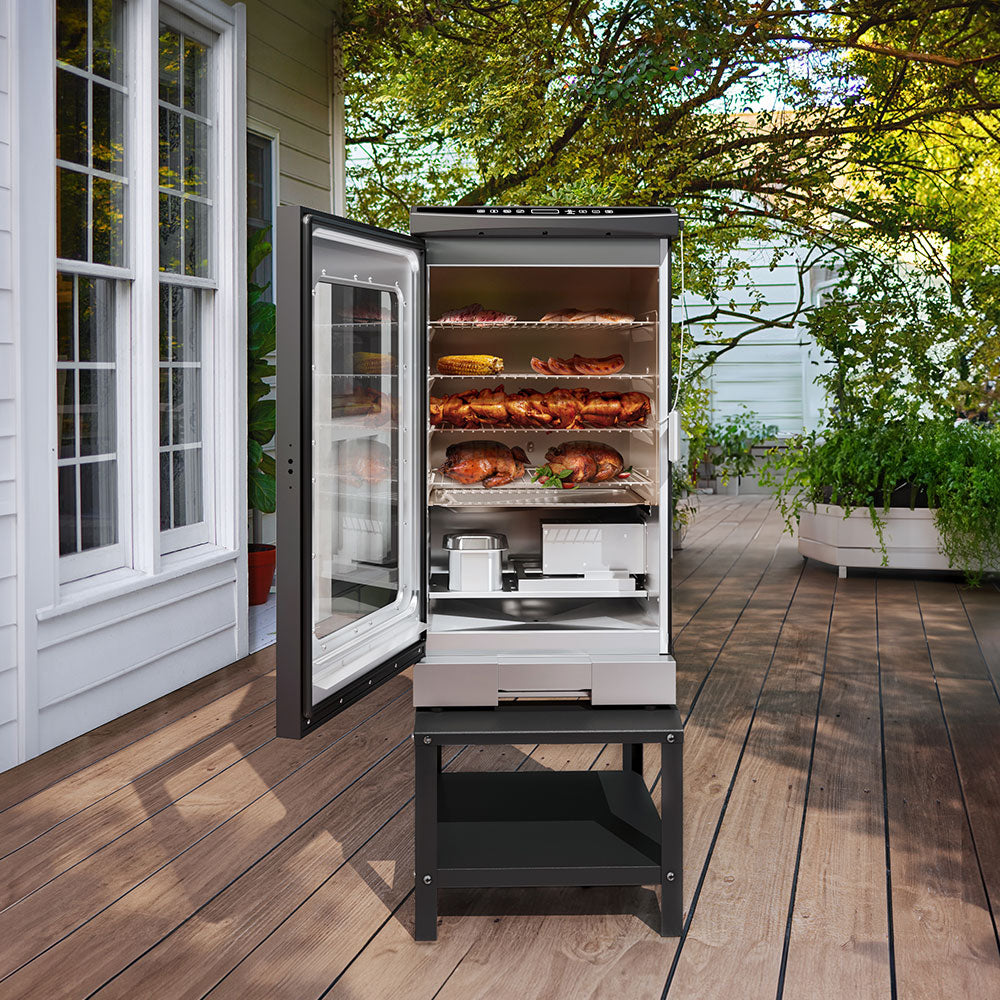 East Oak 30-inch electric smoker outdoors with a grill cover, ideal for smoking brisket, pork butt, and creating delicious beef jerky. The ultimate smoker BBQ smoker for your backyard.